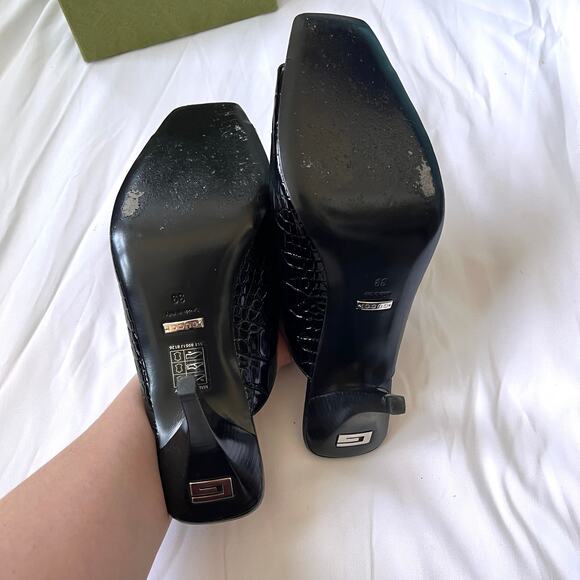 Gucci Black Leather Croc Embossed Mules Sz 39 - Picture 7 of 11